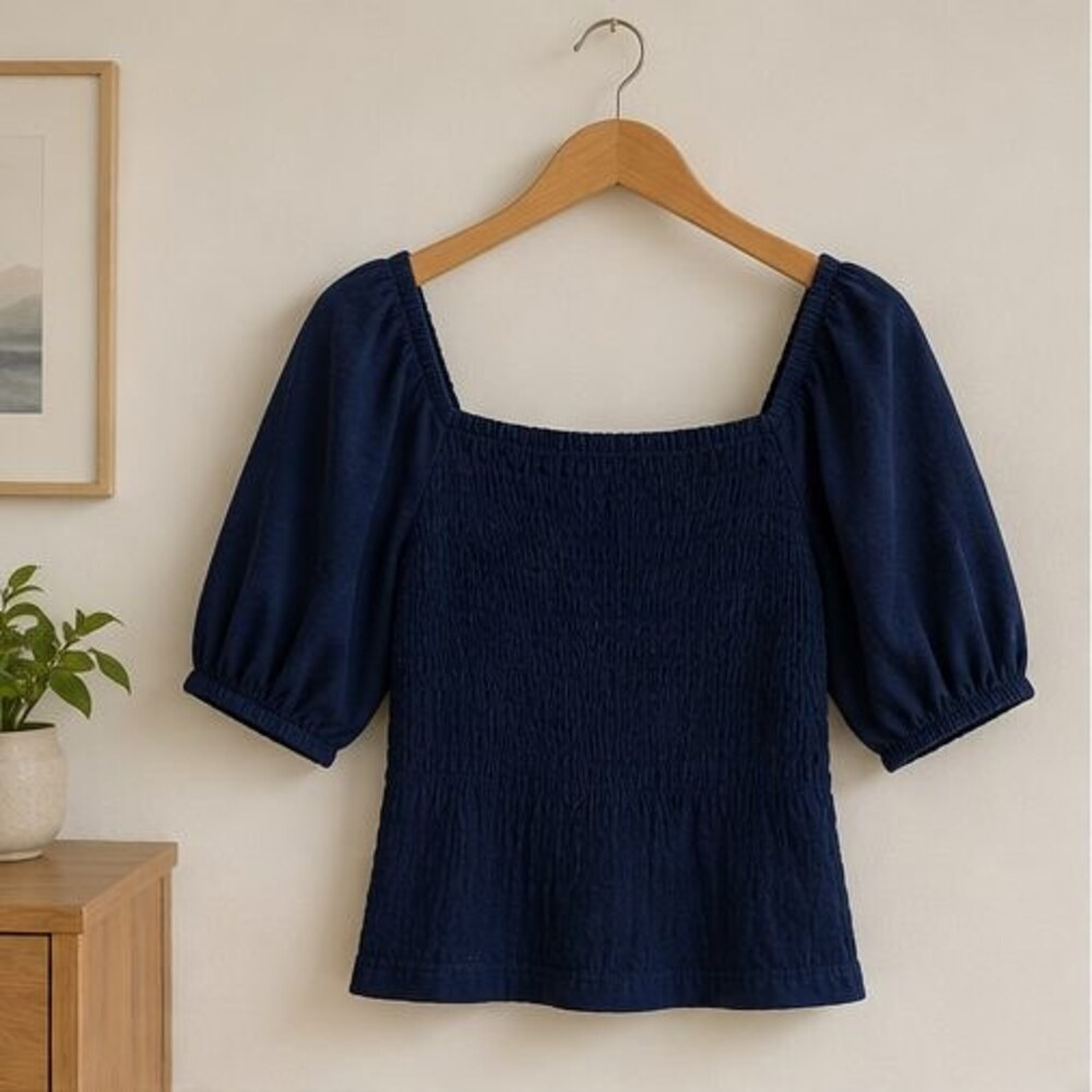 Navy Smocked Puff Sleeve Top